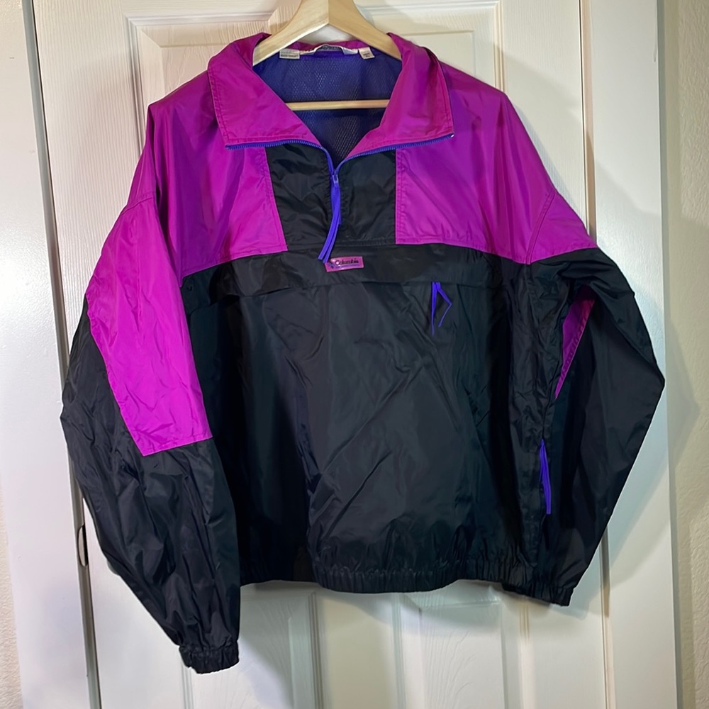 VTG Columbia black / violet / blue windbreaker w/ front pockets men’s sz XL